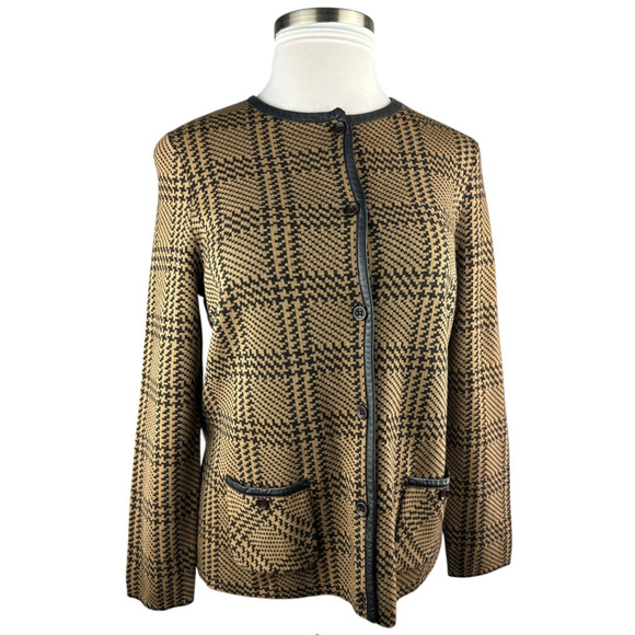 Pendleton Sweaters - Pendleton Merino Wool Leather Trim Cardigan Sweater Brown Blk Plaid Plus Size 1X